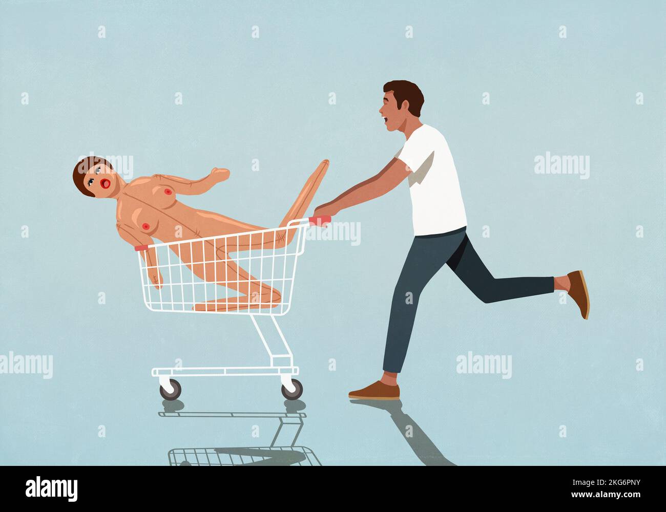 life size hentai sex doll Man running, pushing inflatable sex doll in shopping cart Stock Photo