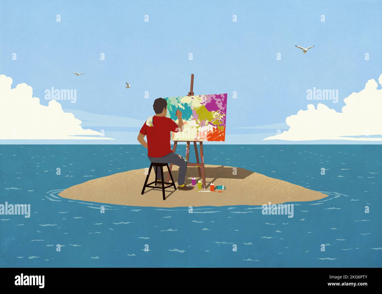 Man painting at a remote ocean island, symbolizing creative time management for busy students