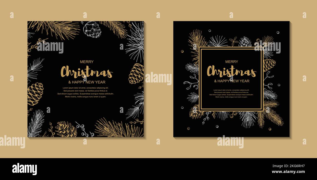 Two side Merry Christmas and Happy New Year square greeting card with ...