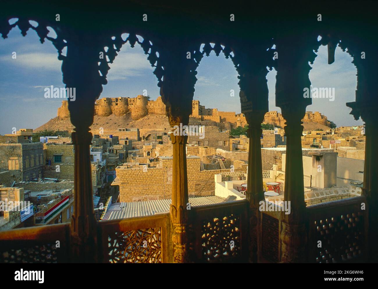 View of Jaisalmer Fort from window of Saalam Singh ki Haweli Moti mahal in Rajasthan India Stock Photo