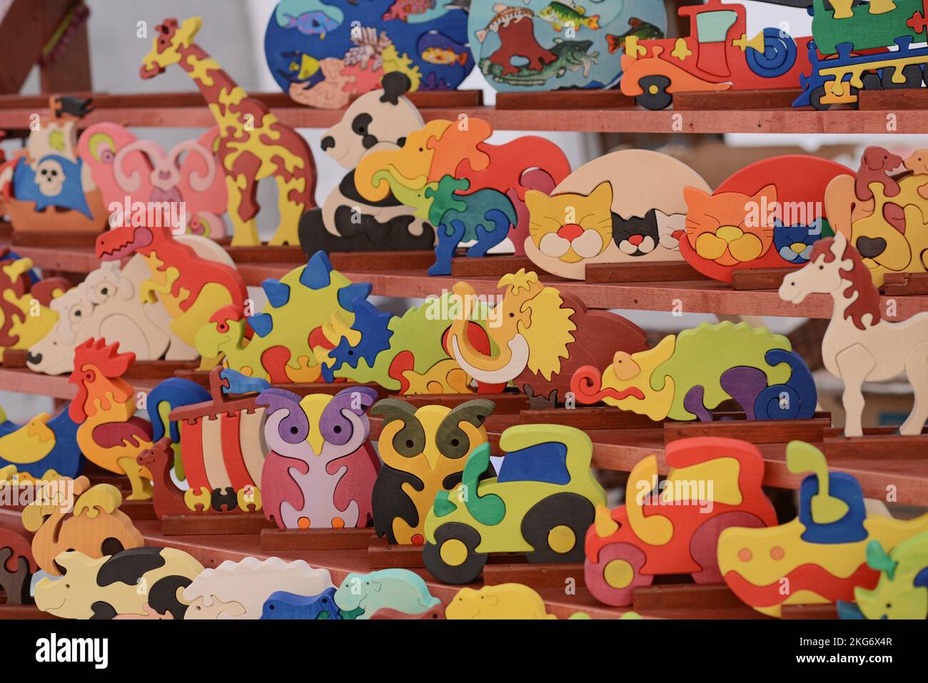 Colorful wooden toys for children for sale Stock Photo