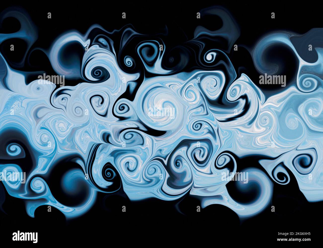 Abstract light blue and white fluid liquid swirling marble texture on black background or wallpaper Stock Photo