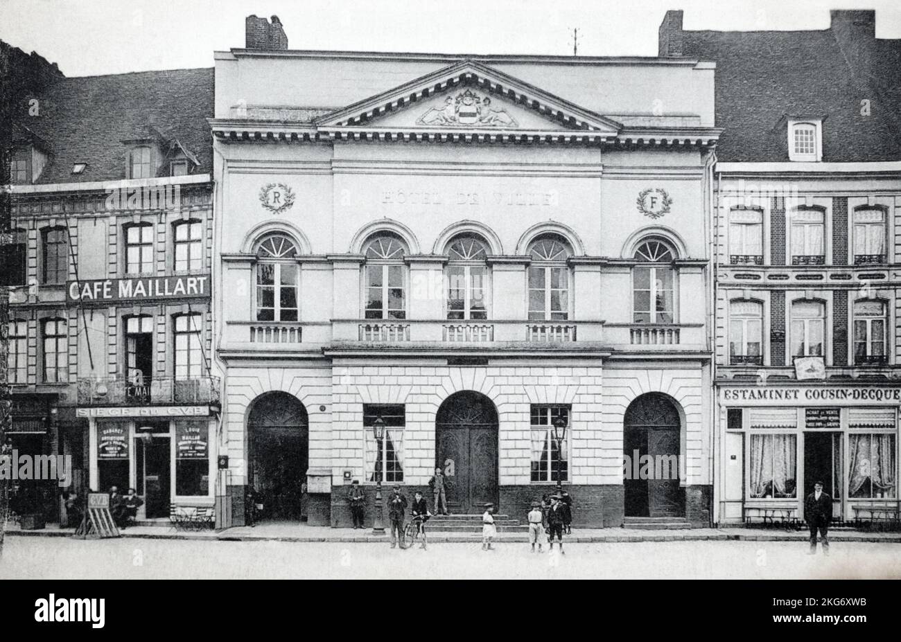 A historical view of Béthune City Hall, Béthune, Pas-de-Calais, France, taken from a postcard c. early 1900s. Stock Photo