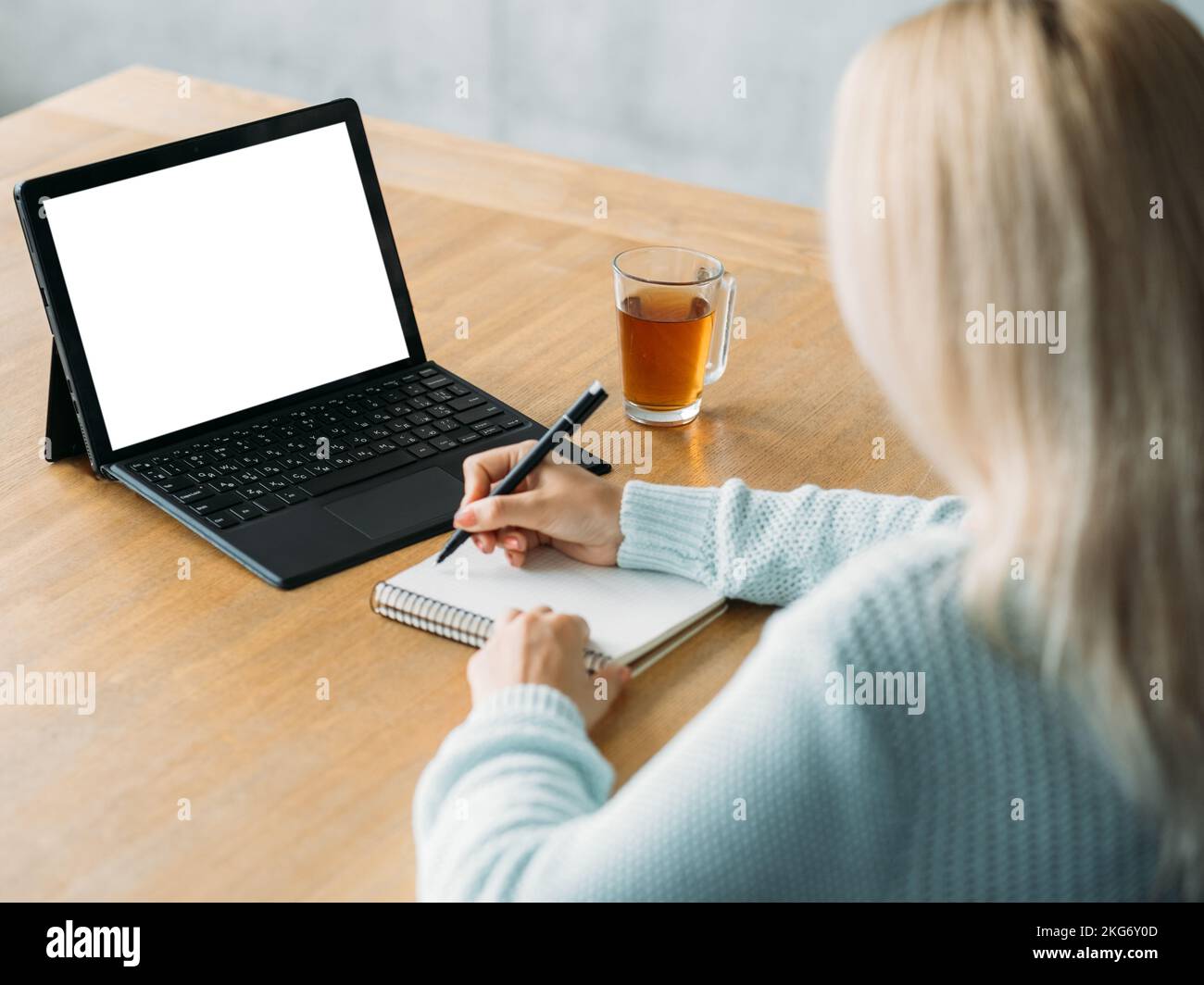 online education writing woman computer mockup Stock Photo