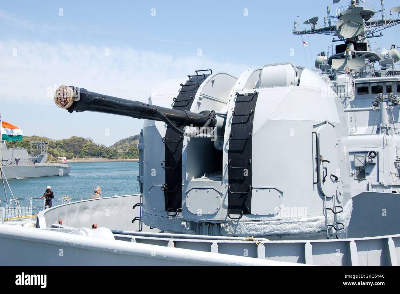 Kanagawa Prefecture, Japan - April 14, 2007: Indian Navy AK-100 100mm naval cannon on INS Mysore (D60). Stock Photo