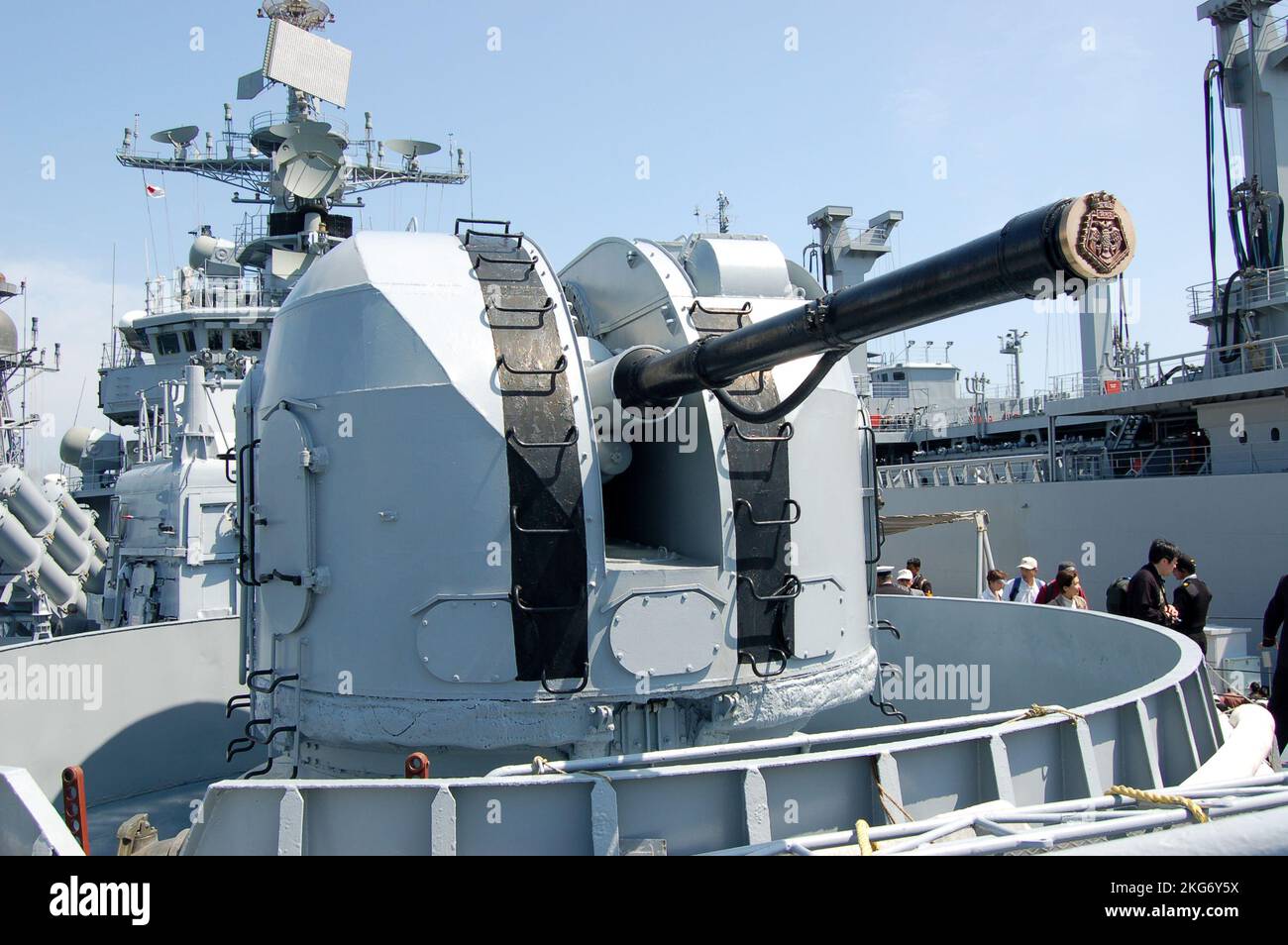 Kanagawa Prefecture, Japan - April 14, 2007: Indian Navy AK-100 100mm naval cannon on INS Mysore (D60). Stock Photo