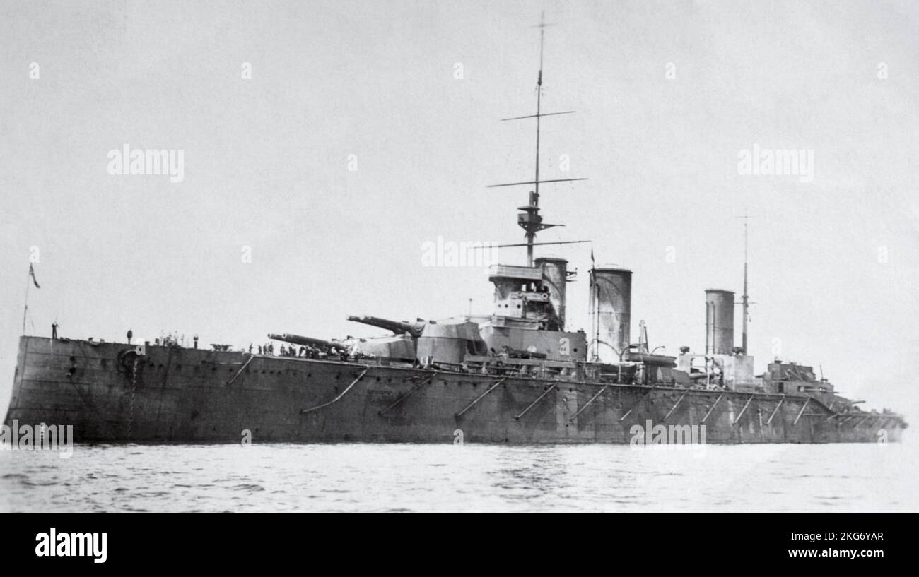 The First World War era battlecruiser HMS Queen Mary. Commissioned in 1913, it served in the Royal Navy until it was sunk in the Battle of Jutland in 1916. Stock Photo