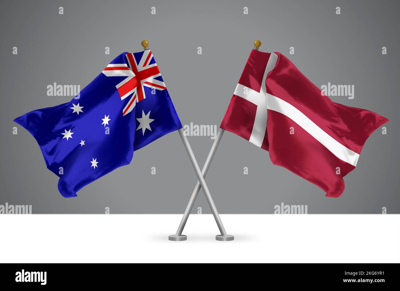 3D illustration of Two Wavy Crossed Flags of Australia and Denmark