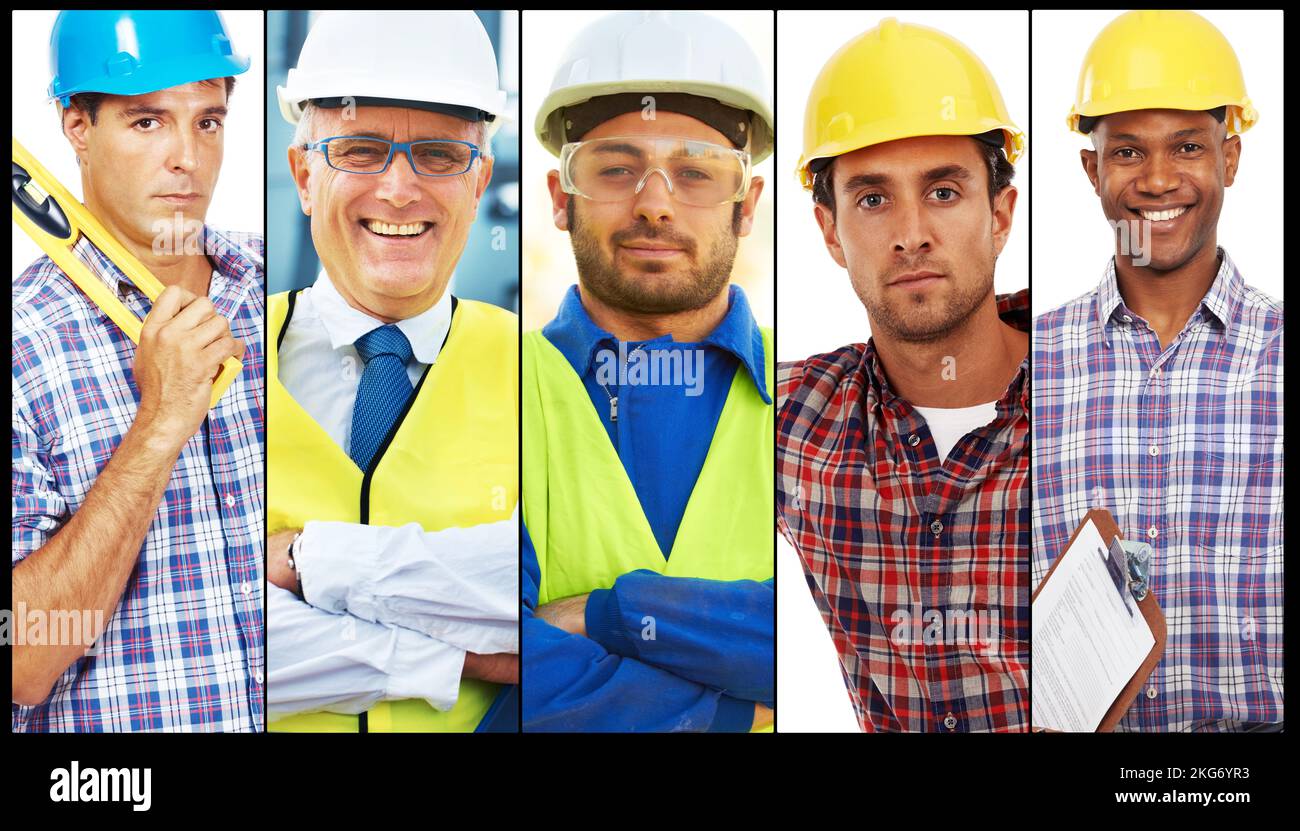Hes got your building contract. Combined portraits of building contractors. Stock Photo