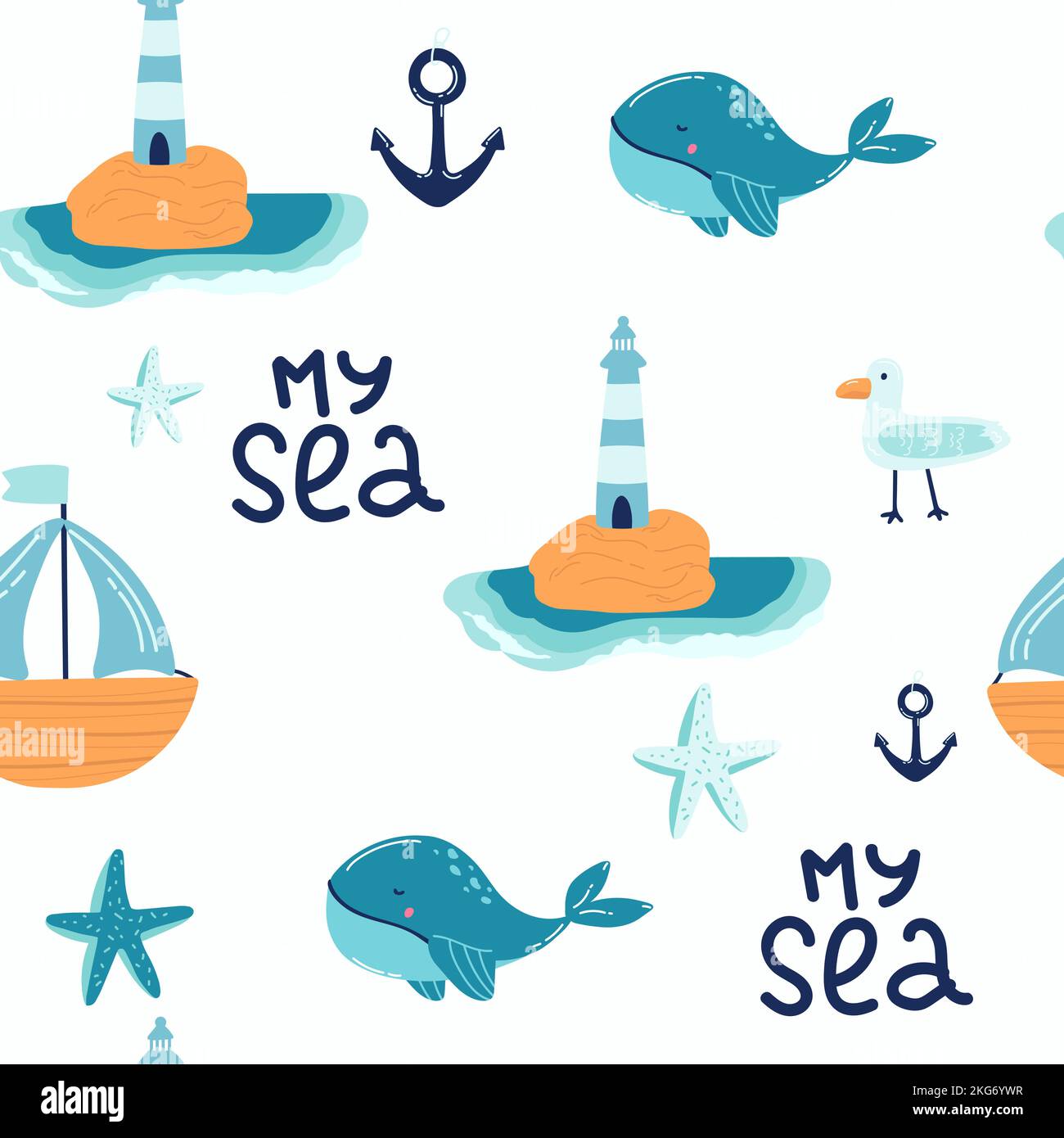 Blue whale in the sea Cute cartoon background seamless pattern The ...