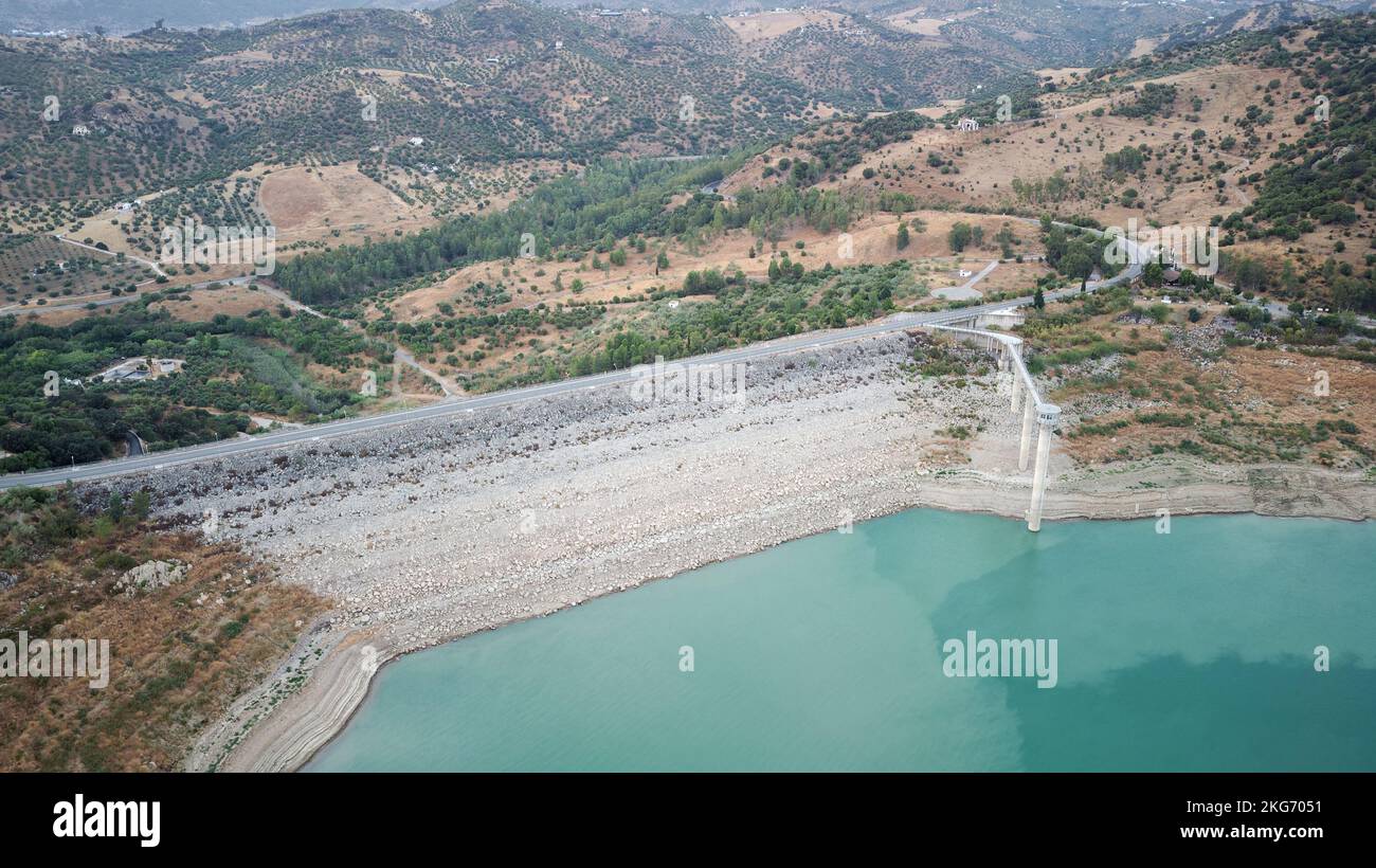 Aerial drone view of low levels of the dam river. Shortage of water.  Climate change. Severe drought. Global warming. Environmental disaster. No water Stock Photo