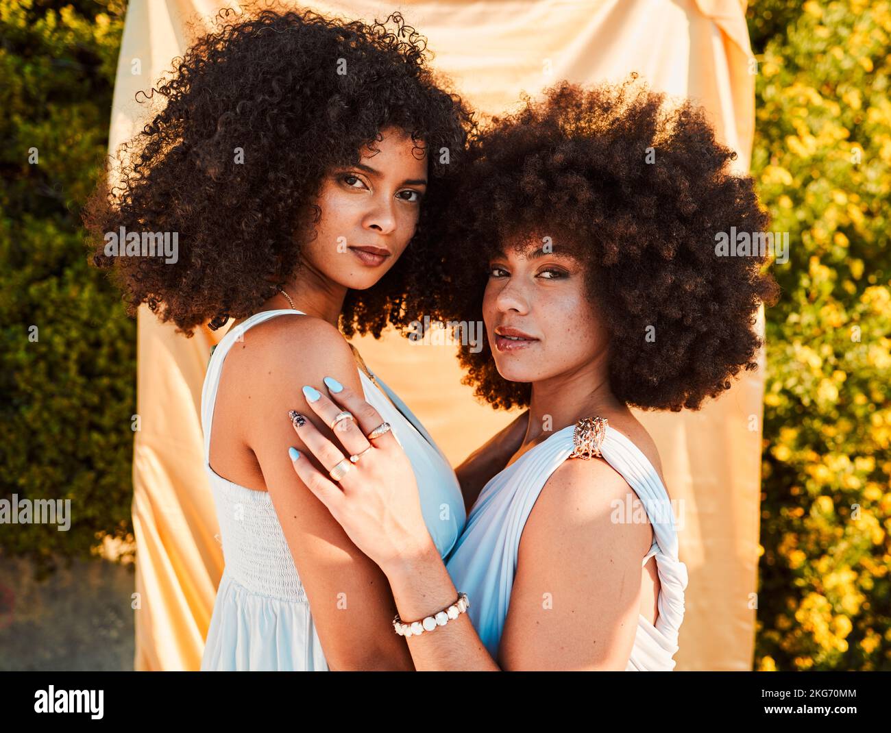 Nature, beauty and portrait of women friends with natural cosmetic makeup in a garden at an event. Cosmetics, organic and girl models with afro from Stock Photo