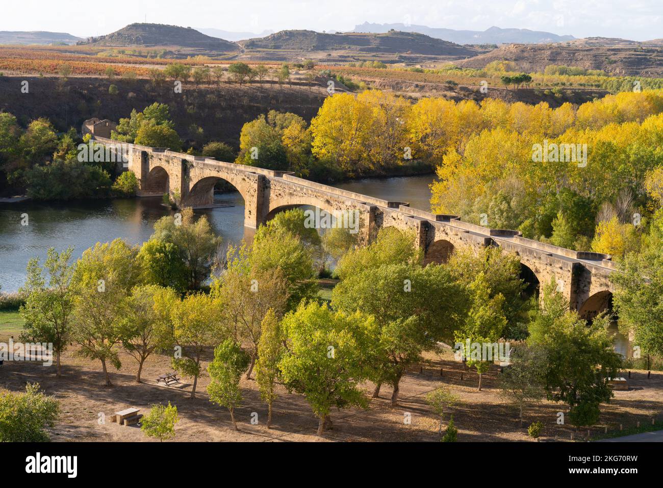 Medieval bridge San Vicente de la Sonsierra village in La Rioja Province, Spain, over the River Ebro Stock Photo