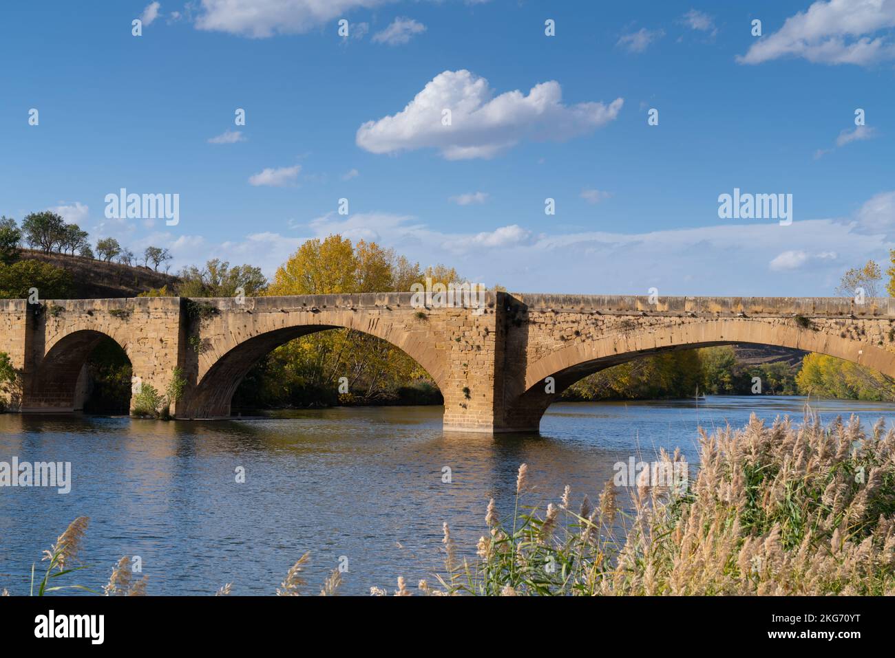 River Ebro San Vicente de la Sonsierra village with medieval bridge La Rioja Province, Spain Stock Photo