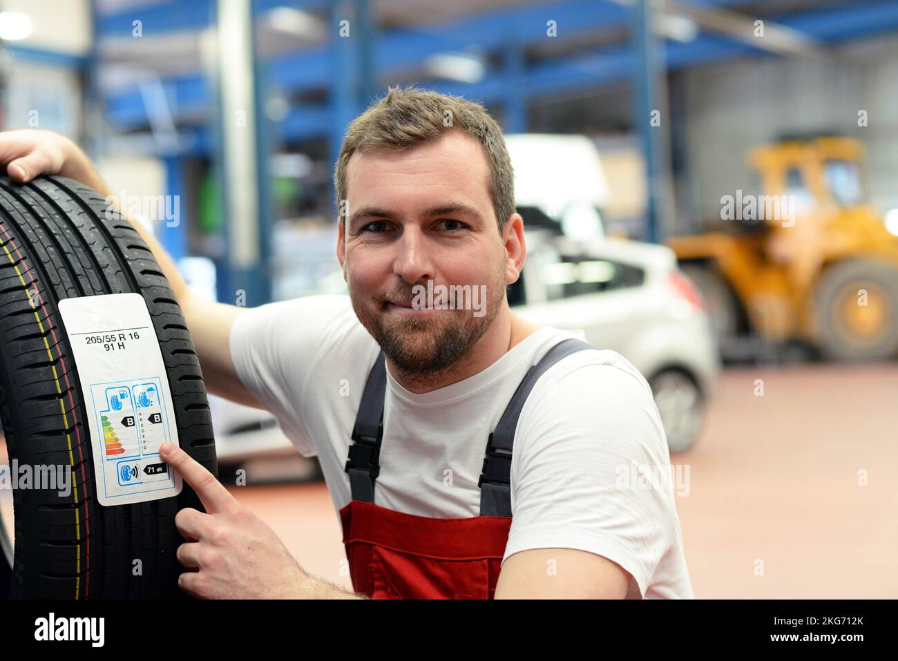 economy sticker with consumption values on a new car tyre changing