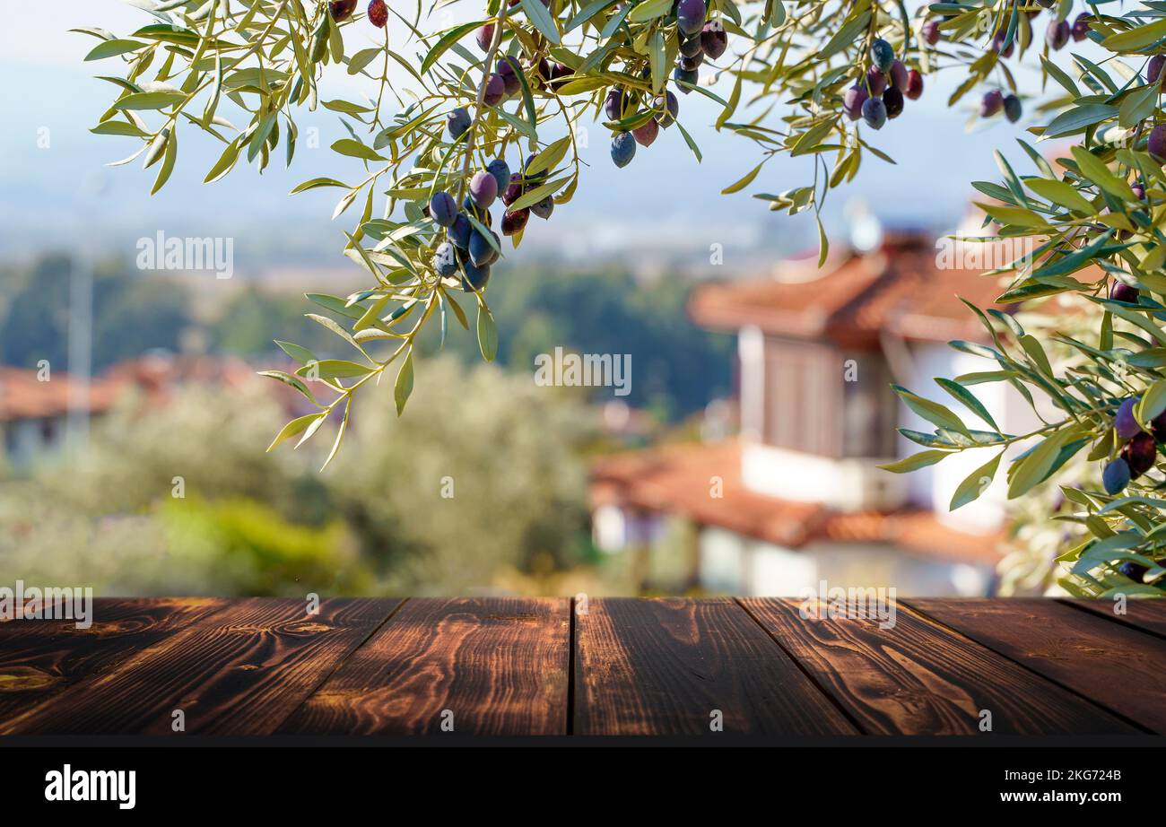 Wooden table on the background of olive trees and a farm garden. Summer rustic food product background. Eco, natural, farming concept. High quality photo Stock Photo