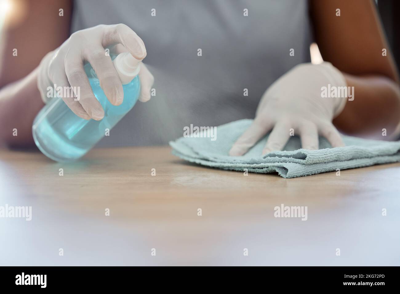 Cleaning, table and woman with spray bottle, cloth and dusting