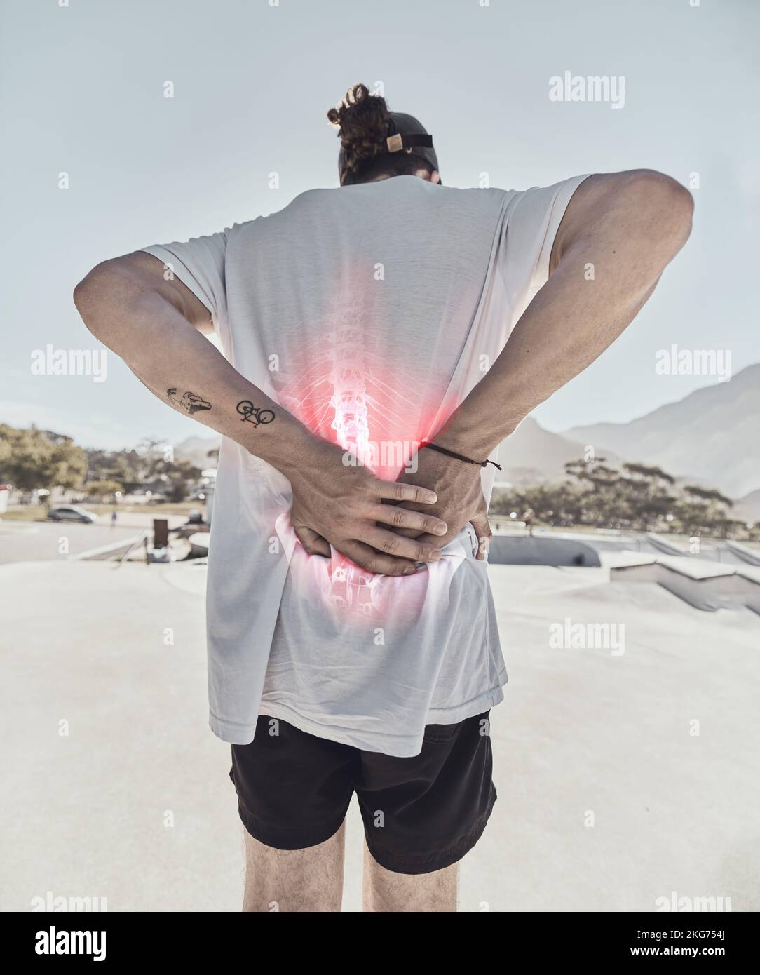 Man, skater and back pain, red injury and accident at skatepark outdoor