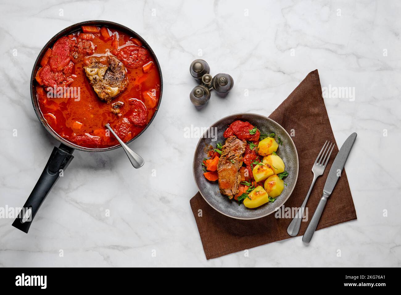 Slow cooking food. Top view of bottom round roast beef meat baked in
