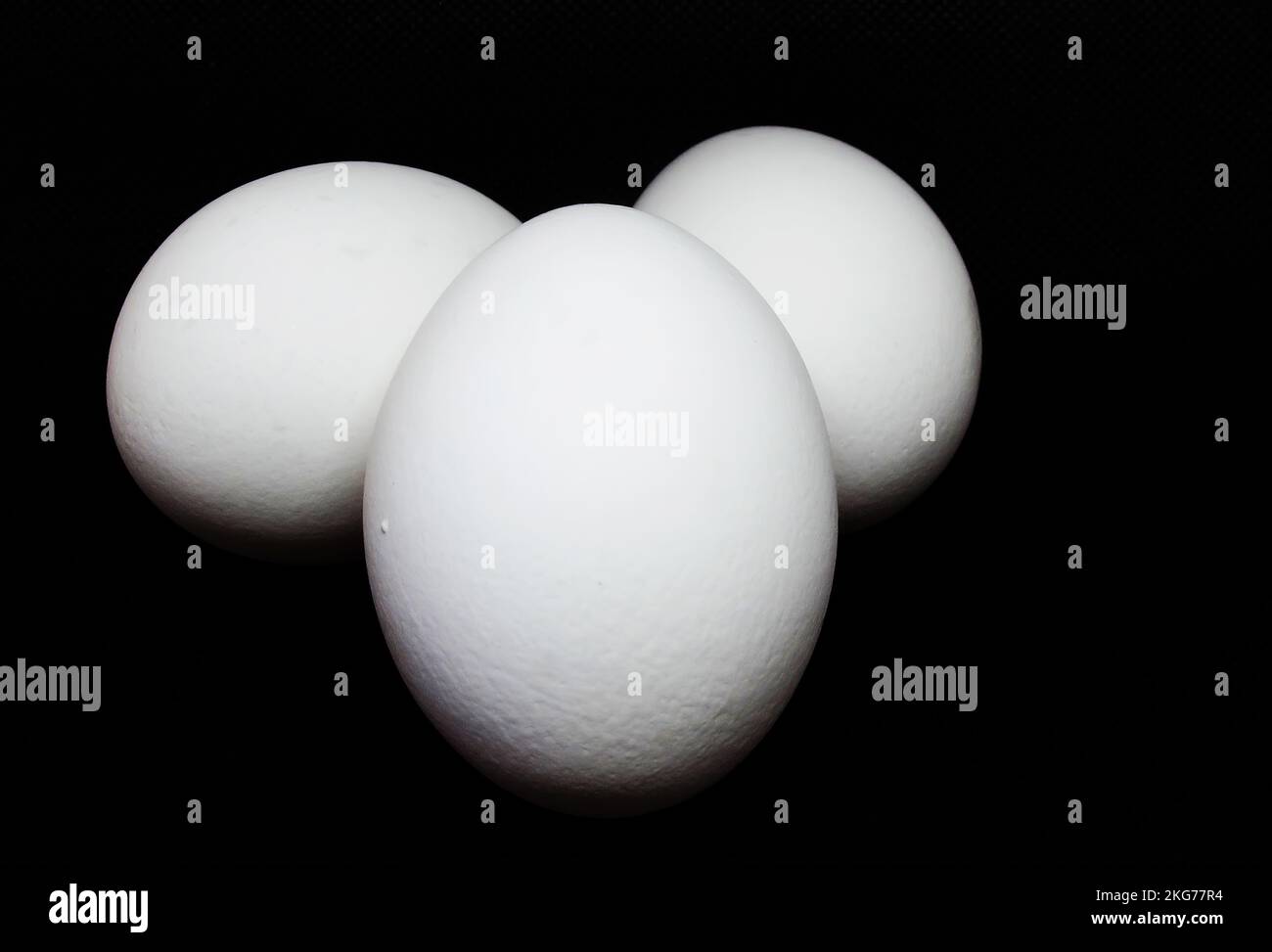 three chicken eggs against a black background Stock Photo