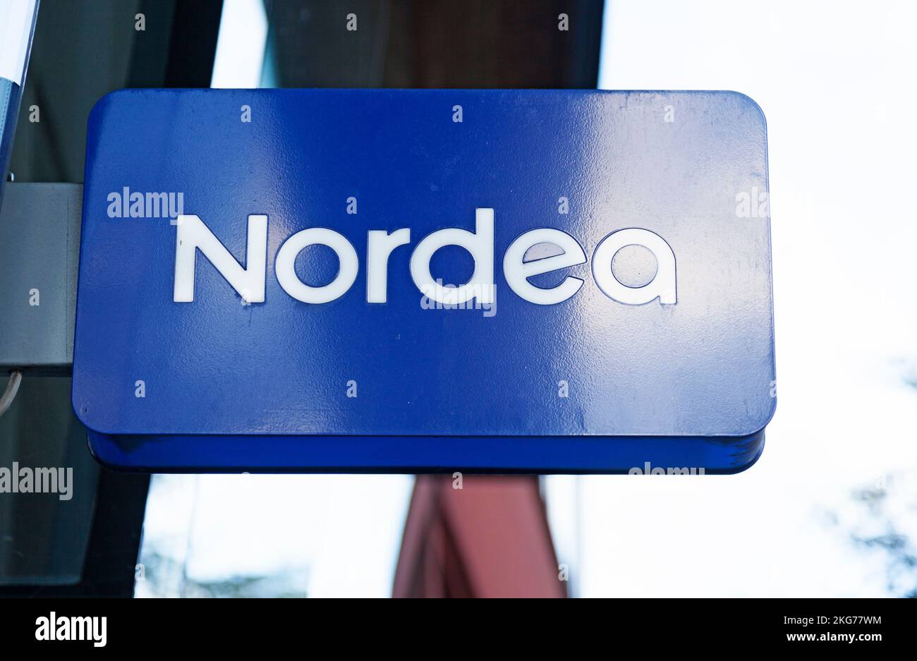 Stockholm, Sweden - October 12, 2022: blue sign for the bank Nordea Stock Photo