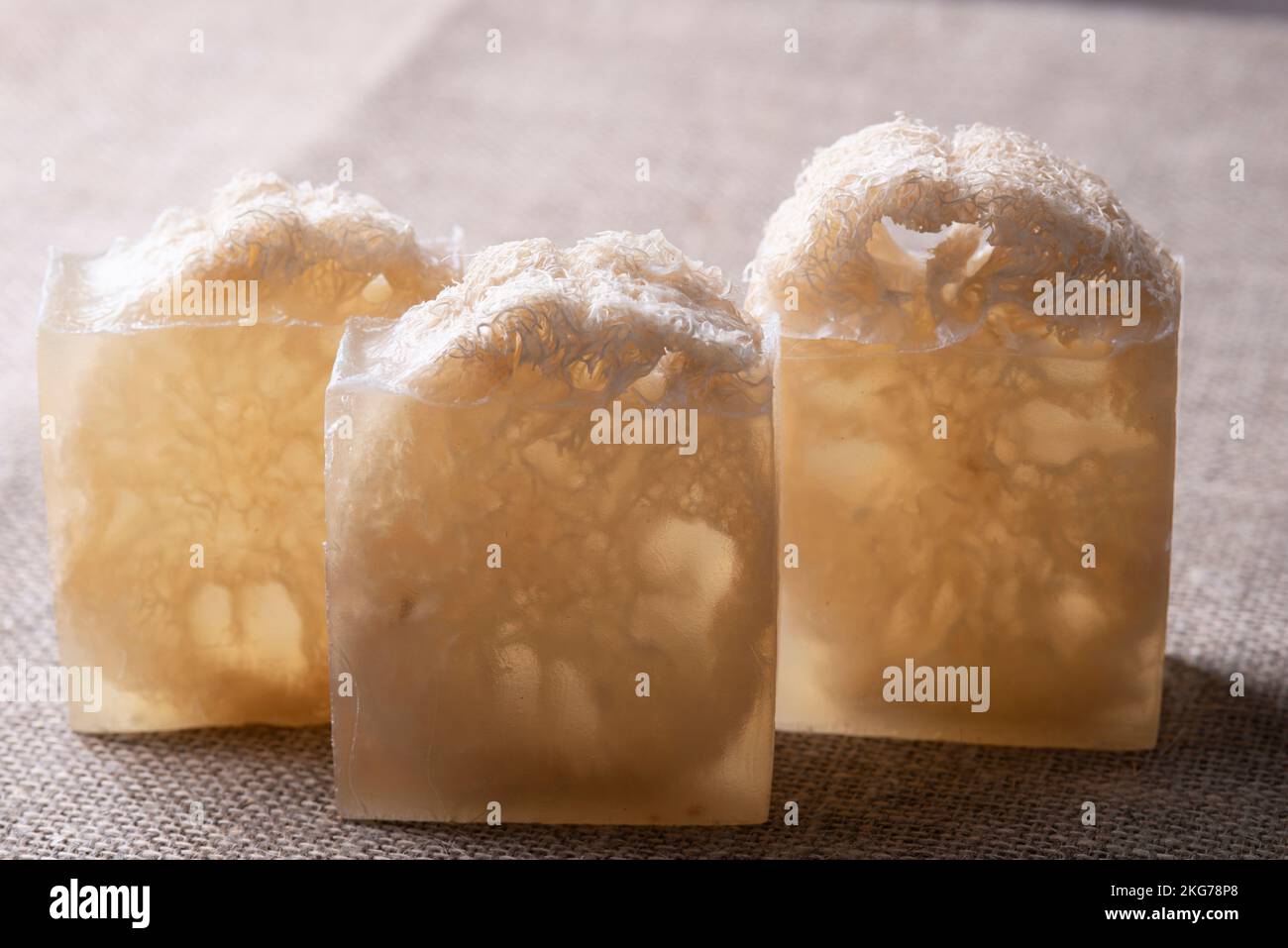 Soap with loofah sponge inside. Glycerin soaps with natural scrub Stock