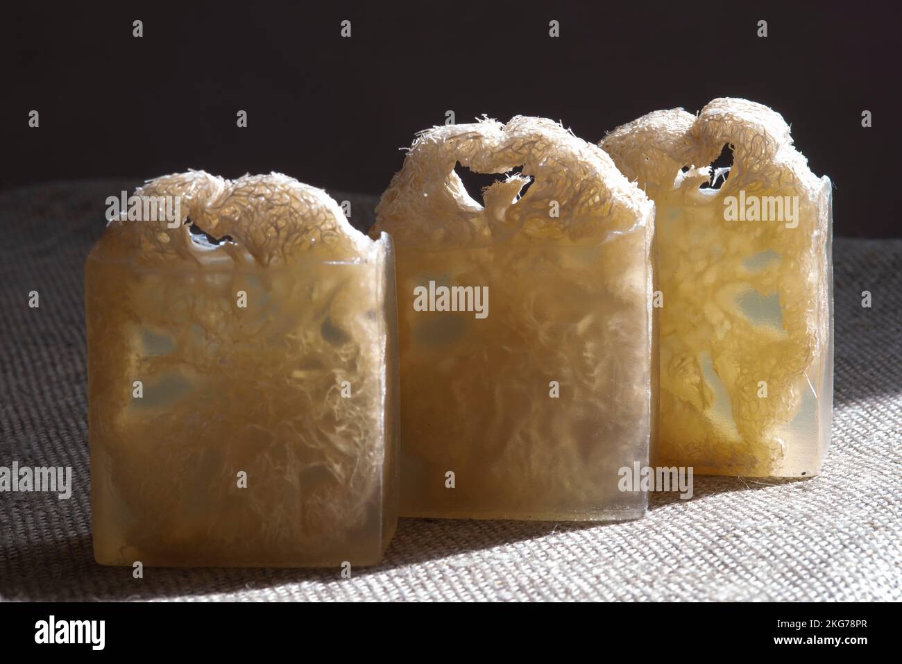 Soap with loofah sponge inside. Glycerin soaps with natural scrub. Stock Photo