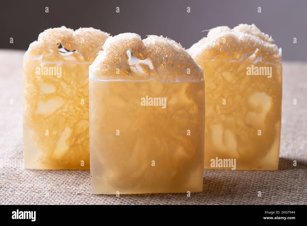 Soap with loofah sponge inside. Glycerin soaps with natural scrub Stock