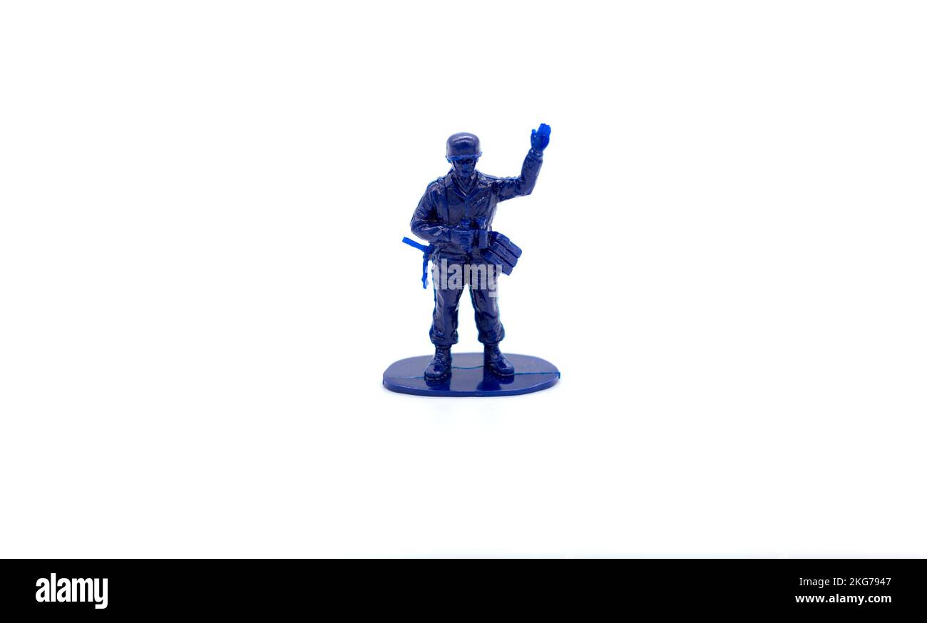 Plastic soldier characters suitable for World War 2. Fighting soldier figure, ukrania russia war, anti-war, peace and arms, plastic toys. Banner Stock Photo