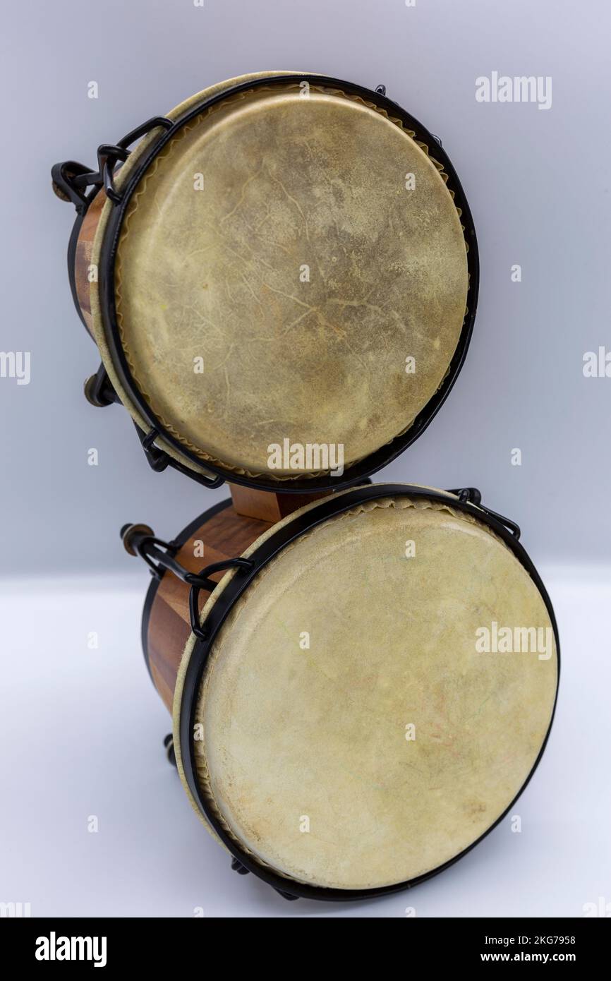 leather drum on a white background, bongo Stock Photo Alamy