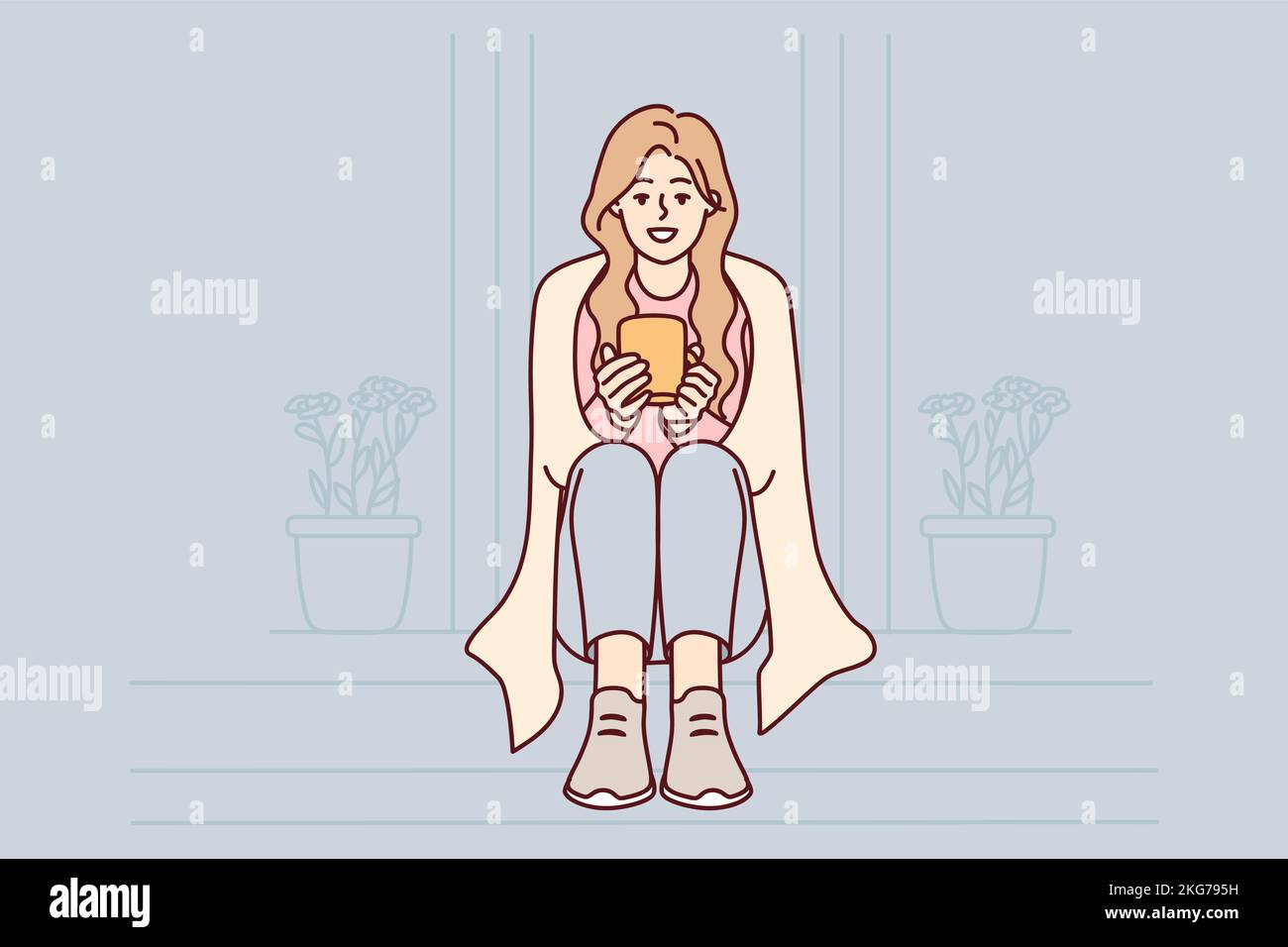 Happy woman sit on stairs at home drinking warm coffee. Smiling girl enjoy outside with tea in morning. Vector illustration.  Stock Vector