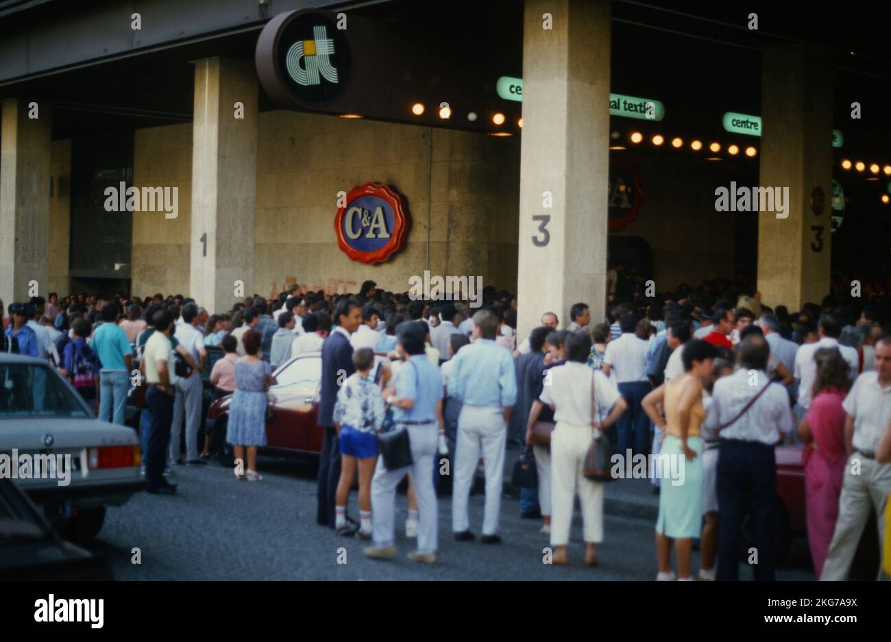 Spectators waiting to enter the set of the TV show 'La Roue de la Fortune', at the TF1 headquarters then located at 17 rue de l'Arrivée in Paris 21 August 1987 Stock Photo