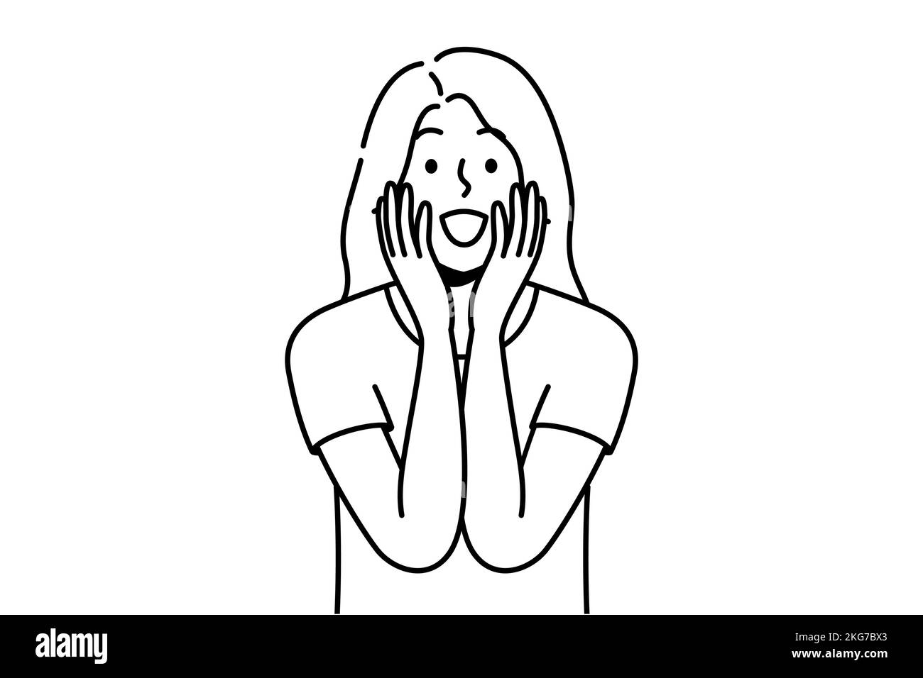 Happy young woman feel excited with good unbelievable news. Smiling girl surprised with unexpected message or notification. Vector illustration.  Stock Vector