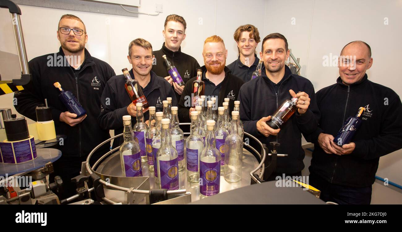 Staff at the official opening of bottling plant at Annandale Distillery, Annan, Scotland Stock Photo