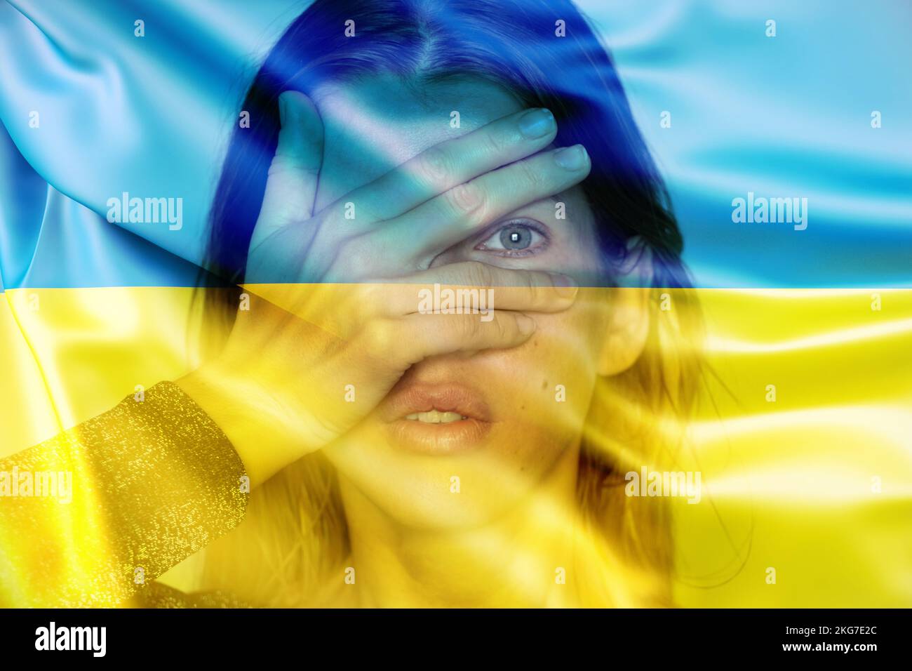 The flag of Ukraine is yellow-blue against the background of a girl who ...