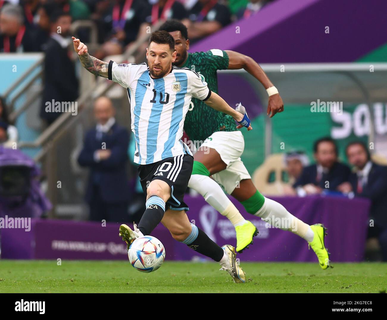Doha, Qatar. 22nd Nov, 2022. Lionel Messi of Argentina controls the ball in front of Ali Albulayhi of Saudi Arabia during the FIFA World Cup 2022 match at Lusail Stadium, Doha. Picture credit should read: David Klein/Sportimage Credit: Sportimage/Alamy Live News Stock Photo