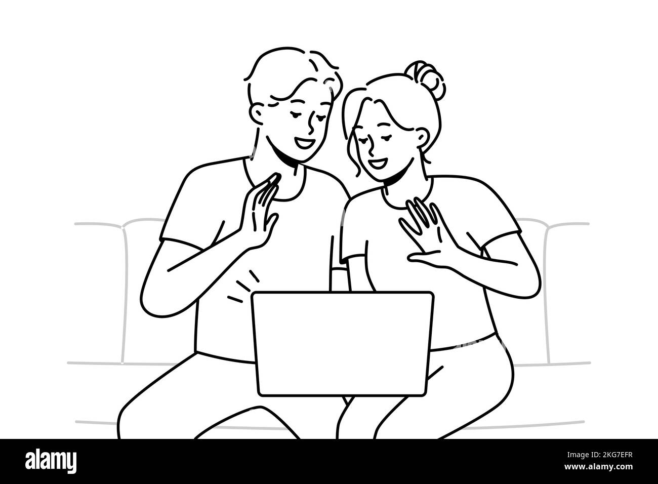 Smiling couple sit on sofa wave talk on video call on computer. Happy man and women have fun enjoy webcam conversation on laptop. Vector illustration.  Stock Vector