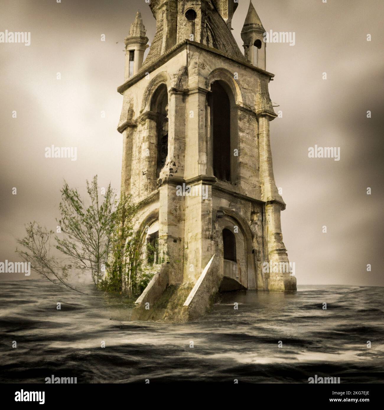 France, Paris on 2022-11-06. Digital illustration of a church flooded by rising waters due to global warming to evoke the link between the Catholic Ch Stock Photo