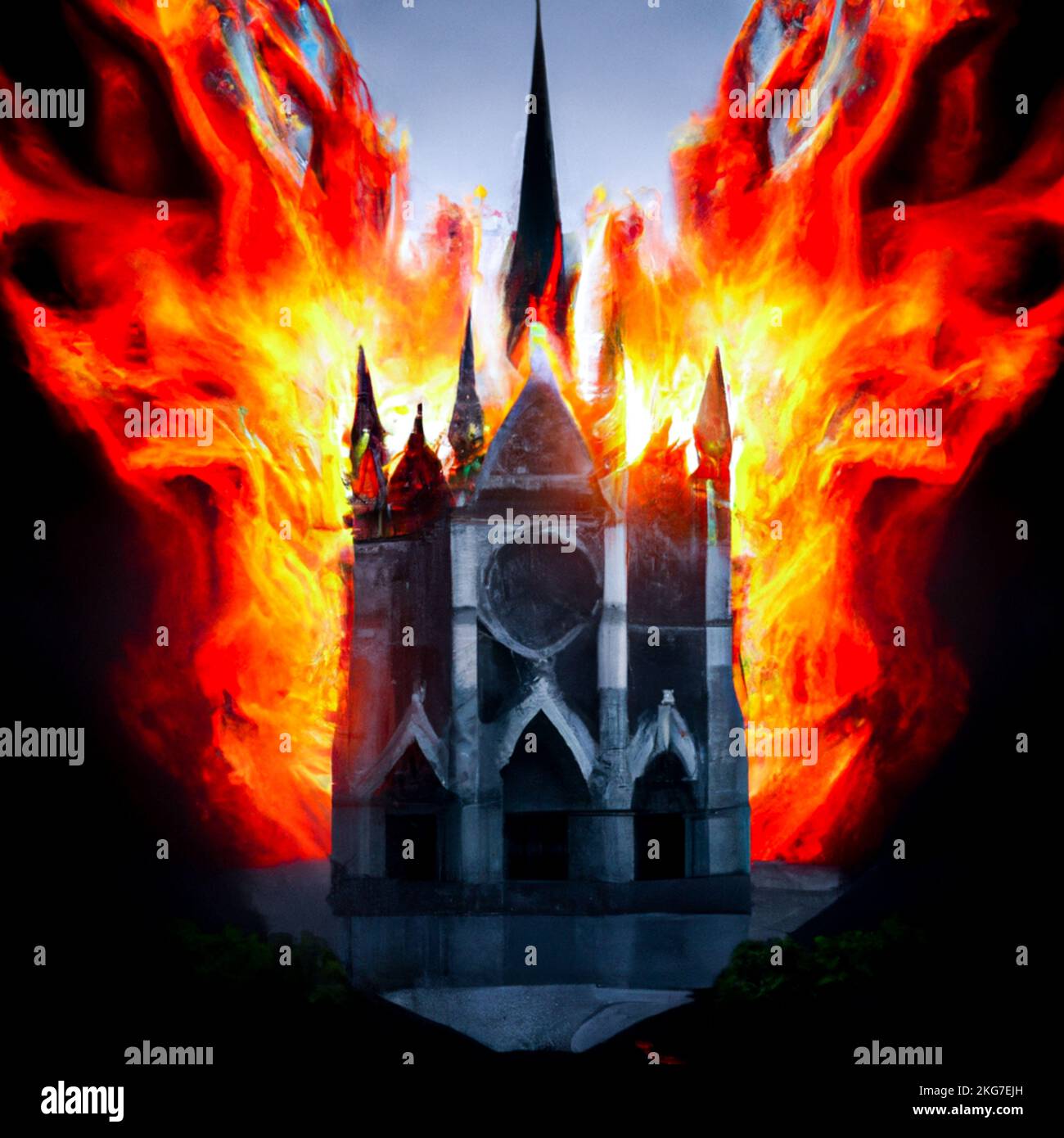 France, Paris on 2022-11-06. Digital illustration of a burning church due to drought and heatwave caused by global warming to evoke the link between t Stock Photo