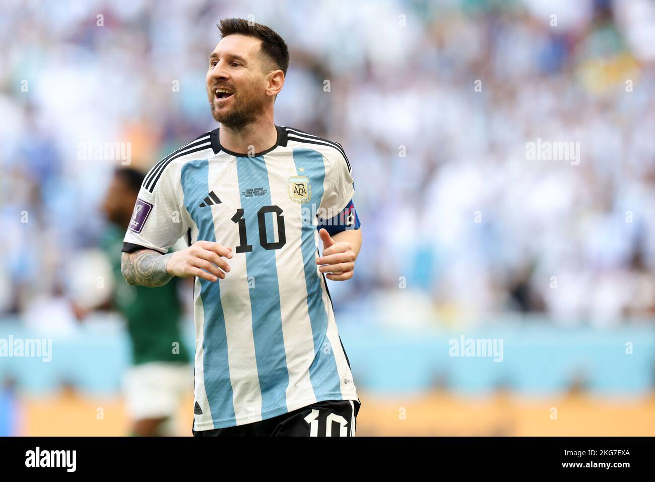 Lusail, Qatar. 22nd Nov, 2022. Lionel Messi of Argentina celebrates after scoring during the Group C match between Argentina and Saudi Arabia at the 2022 FIFA World Cup at Lusail Stadium in Lusail, Qatar, Nov. 22, 2022. Credit: Han Yan/Xinhua/Alamy Live News Stock Photo