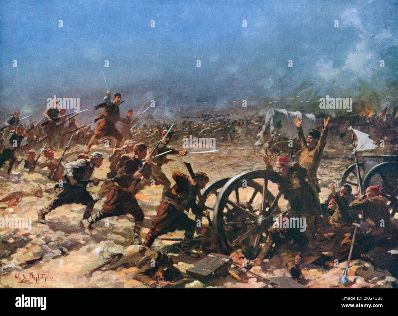 An illustration entitled Battle of Kirk Kilisse which was part of the First Balkan War between Bulgaria and the Ottoman Empire.   It took place on 24 October 1912, when the Bulgarian army commanded by General Radko Dimitriev and General Ivan Fichev defeated an Ottoman army commanded by Mahmud Muhtar Pasha Kölemen Abdullah Pasha in Eastern Thrace. Stock Photo
