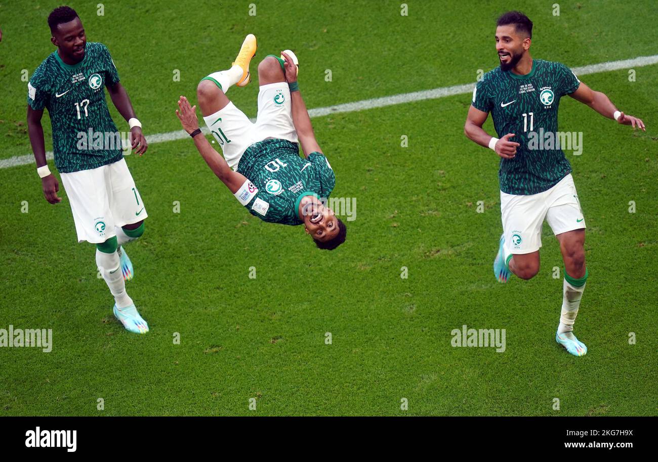 Saudi Arabia's Salem Al-Dawsari celebrates scoring their side's second goal of the game during the FIFA World Cup Group C match at the Lusail Stadium, Qatar. Picture date: Tuesday November 22, 2022. Stock Photo