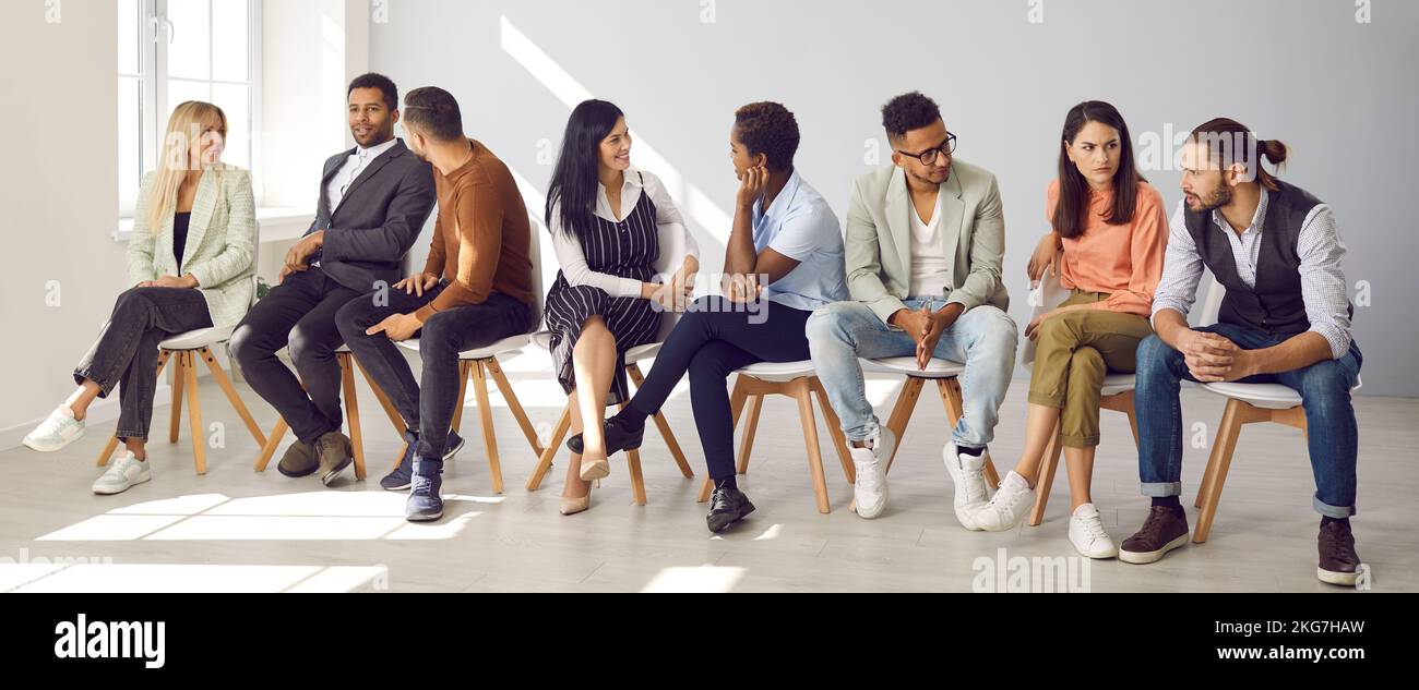 Banner of diverse people talk in work groups Stock Photo