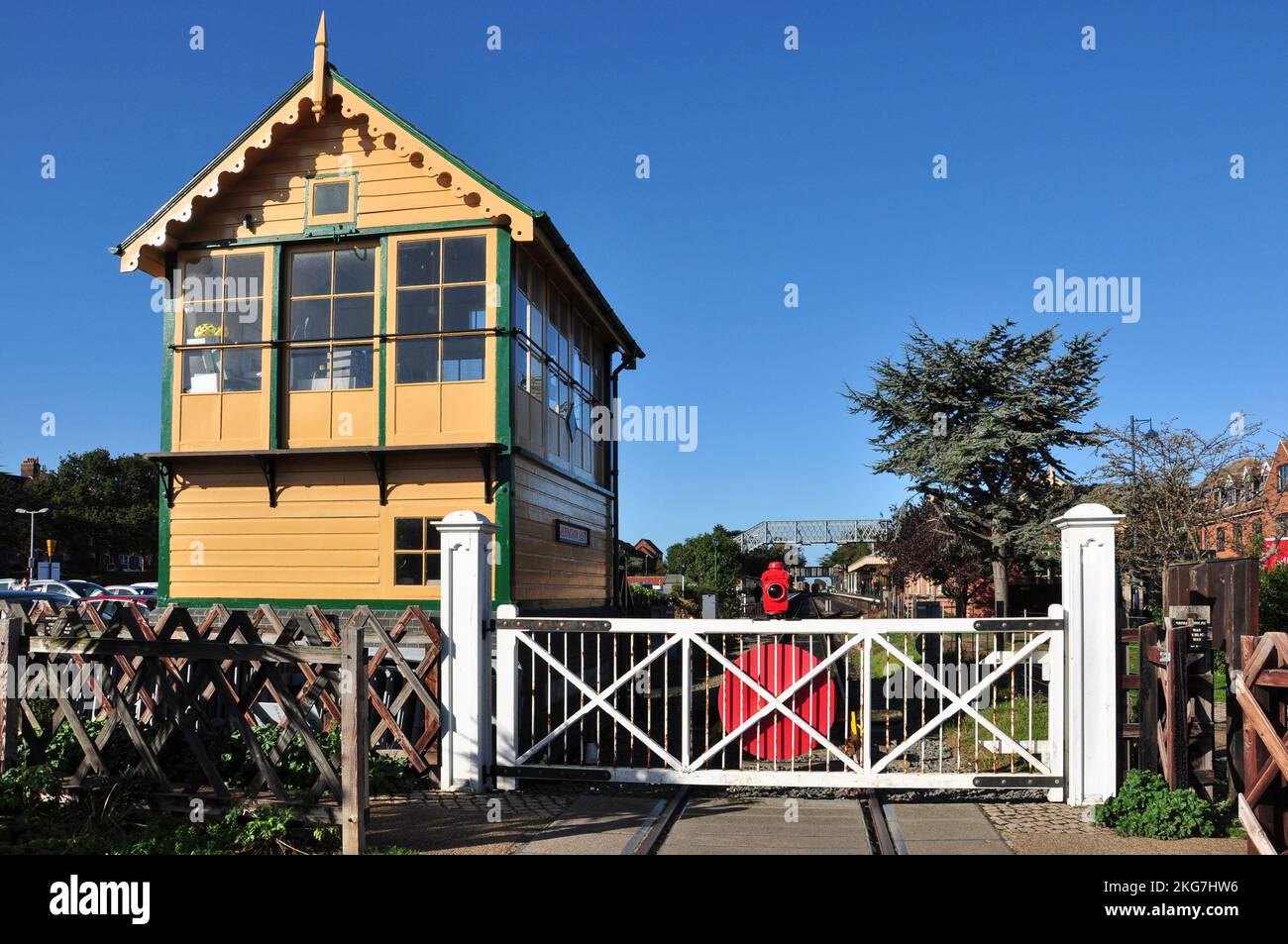 Preserved Sheringham East signal box and level crossing gate on the North Norfolk Railway at Sheringham, Norfolk, England, UK Stock Photo