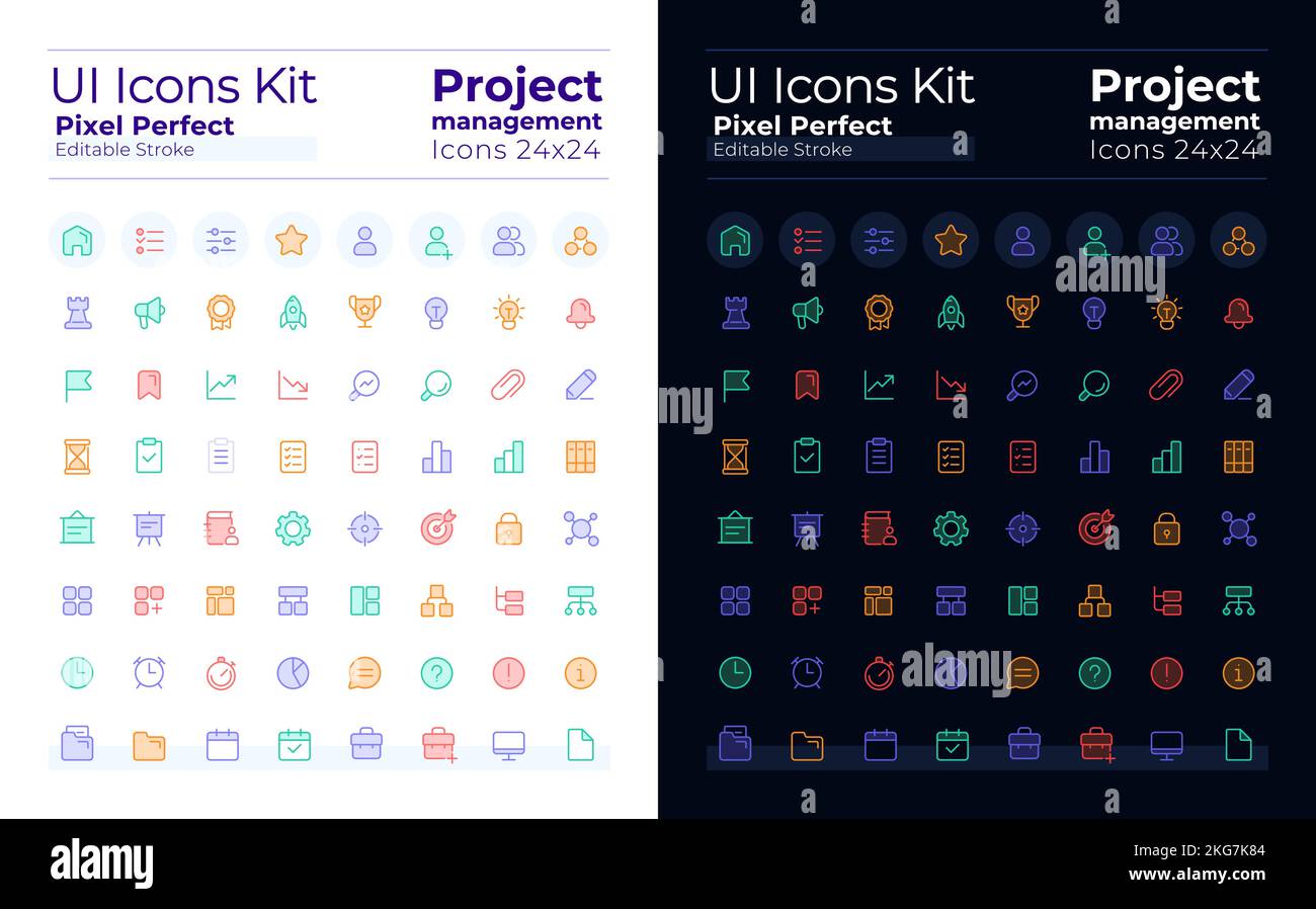Project management pixel perfect ui icons set for dark, light mode Stock Vector
