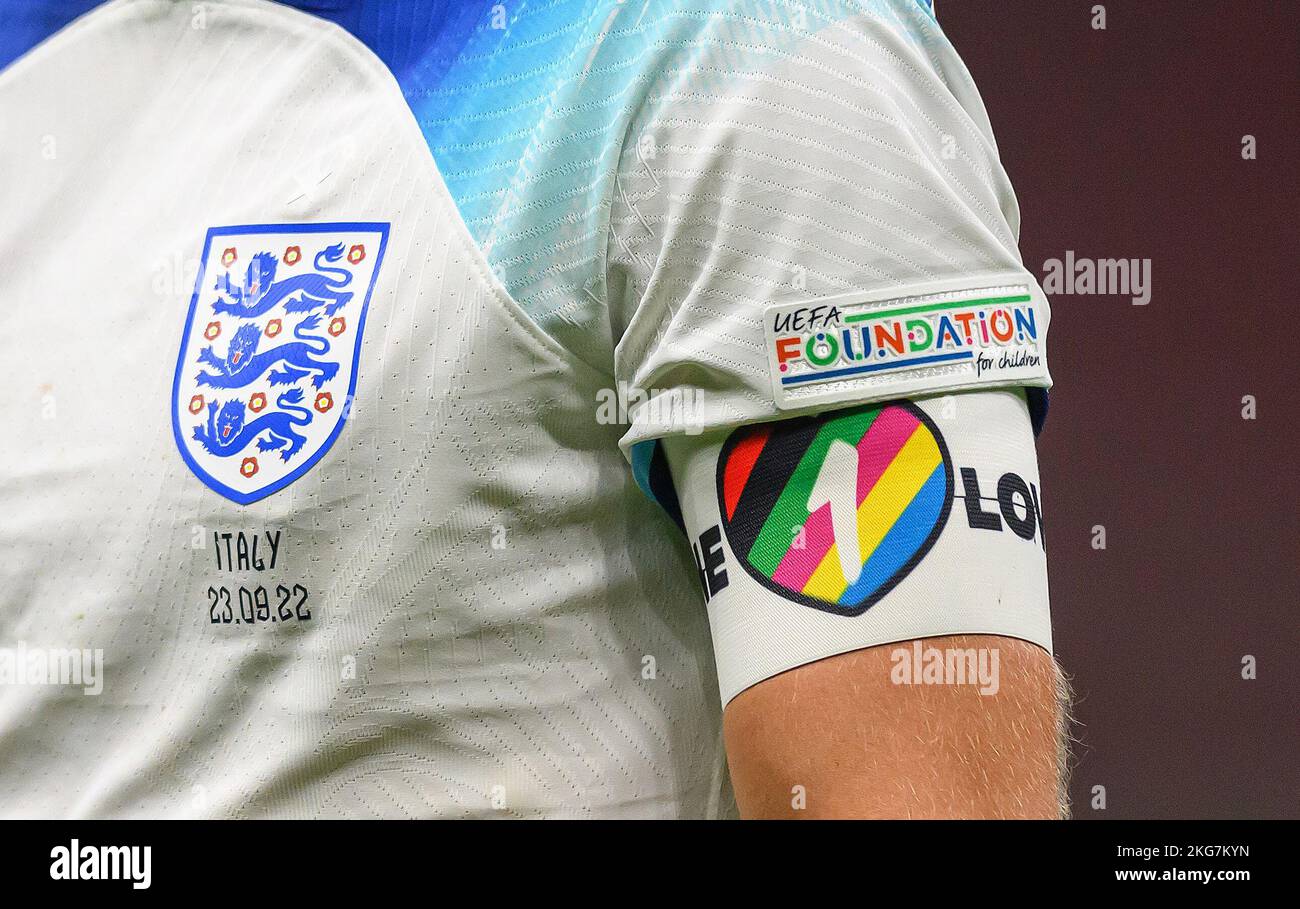 ***** FILE PHOTO ***  23 Oct 2022 - Italy v England - UEFA Nations League - Group 3 - San Siro  England Captain Harry Kane wears the One Love Rainbow Armband during the UEFA Nations League match against Italy. He has been banned from wearing the armband by FIFA during the Qatar World Cup 2022.  Picture : Mark Pain / Alamy Stock Photo