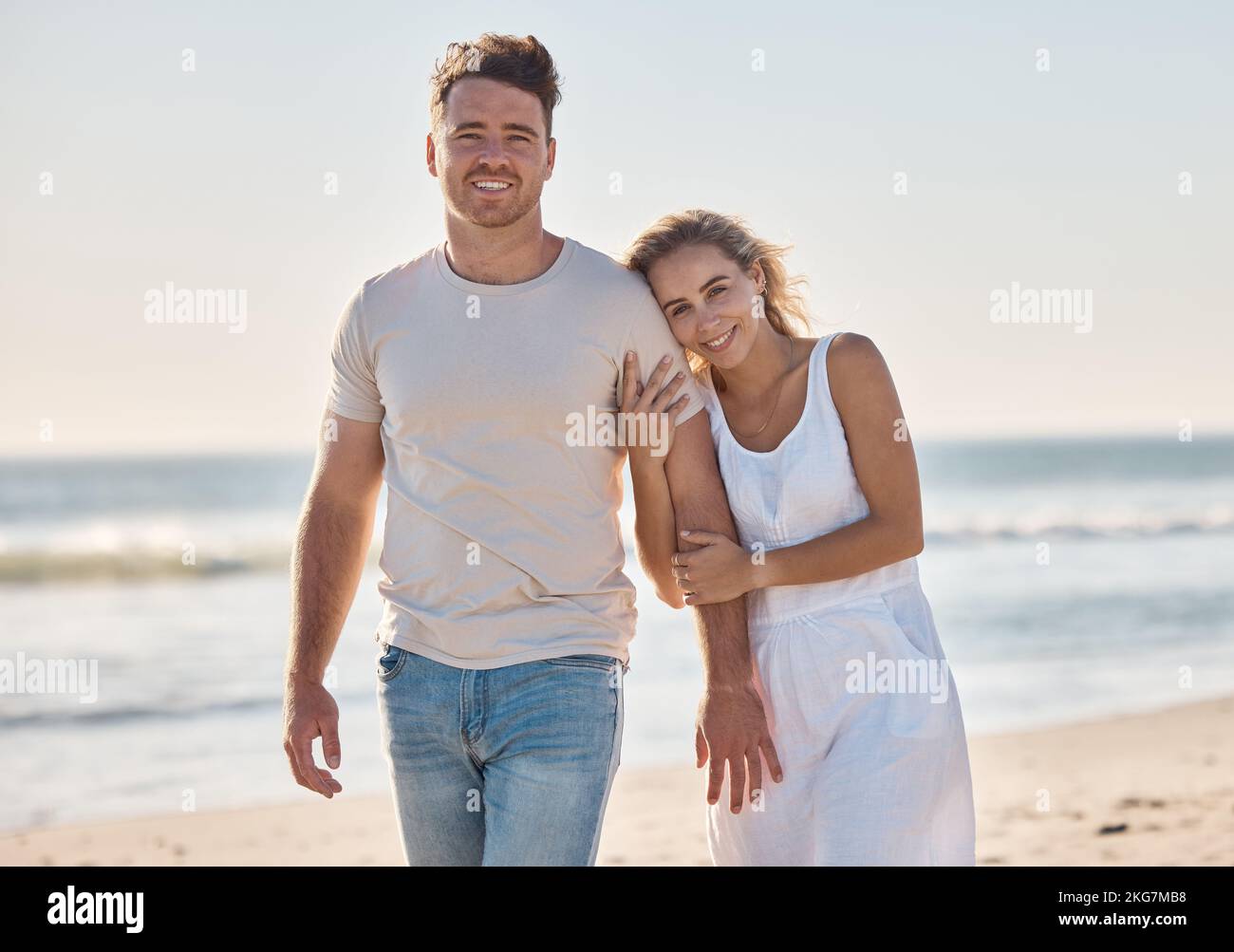 Couple, happy and beach in portrait for love, bonding and walking ...