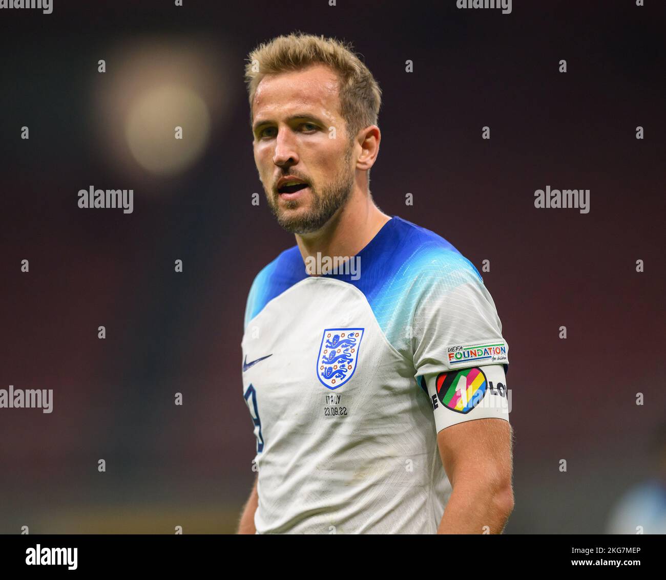 22 Nov 2022 - Italy v England - UEFA Nations League - Group 3 - San Siro  **** File Photo ****  England Captain Harry Kane wears the One Love Rainbow Armband during the UEFA Nations League match against Italy. He has been banned from weraing the armband by FIFA during the Qatar World Cup 2022.  Picture : Mark Pain / Alamy Stock Photo