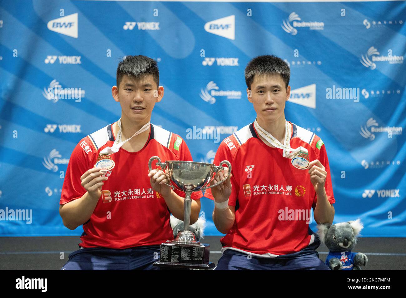 SYDNEY, AUSTRALIA - NOVEMBER 20: Liu Yu Chen and Ou Xuan Yi of China wins the mens doubles match between Ong and Teo of Malaysia and Liu and Ou of Chi Stock Photo