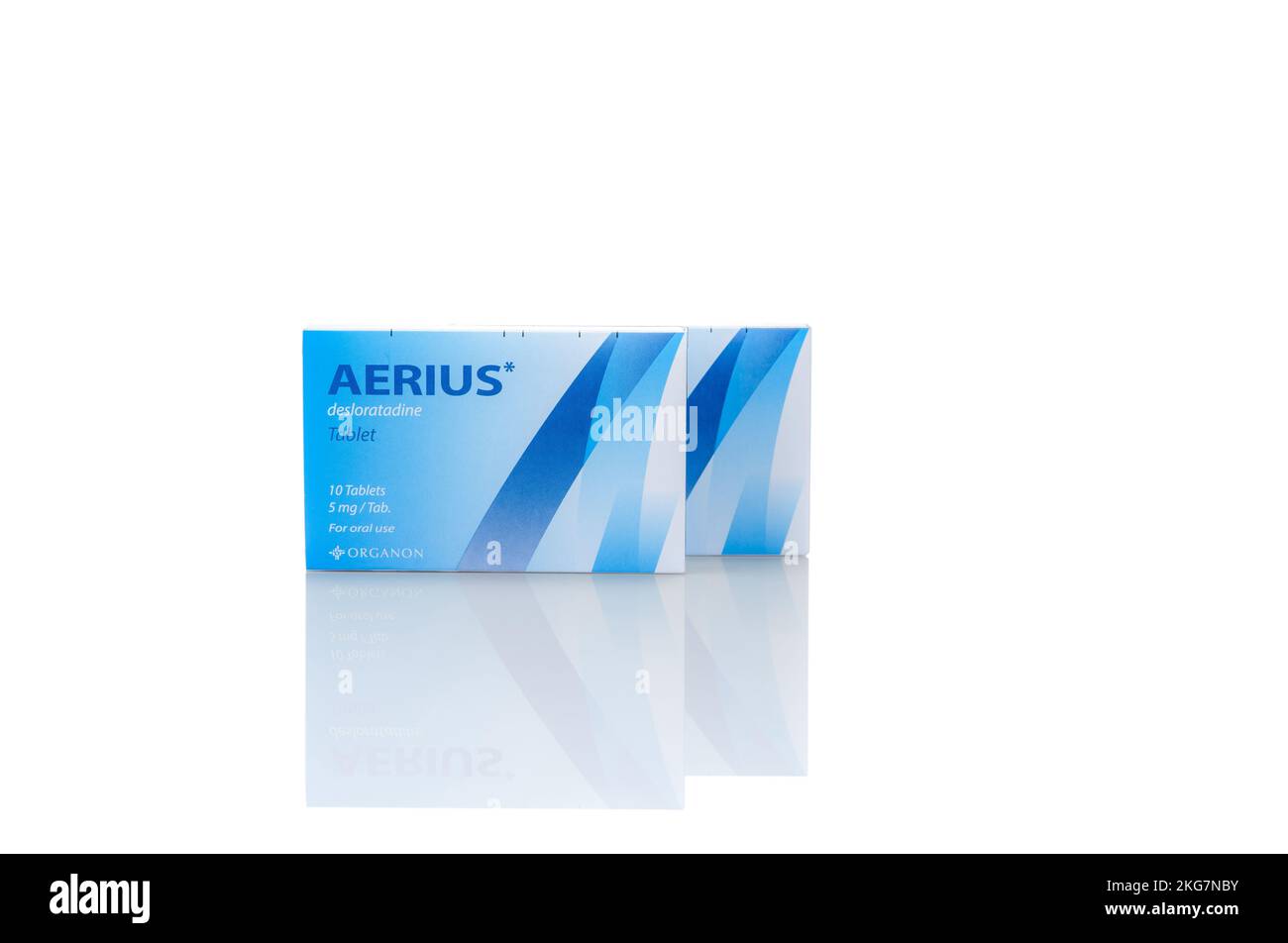 CHONBURI, THAILAND-OCTOBER 18, 2022: Aerius with packaging. Desloratadine tablets pill. Product of Organon. Antihistamine medicine for relieve Stock Photo
